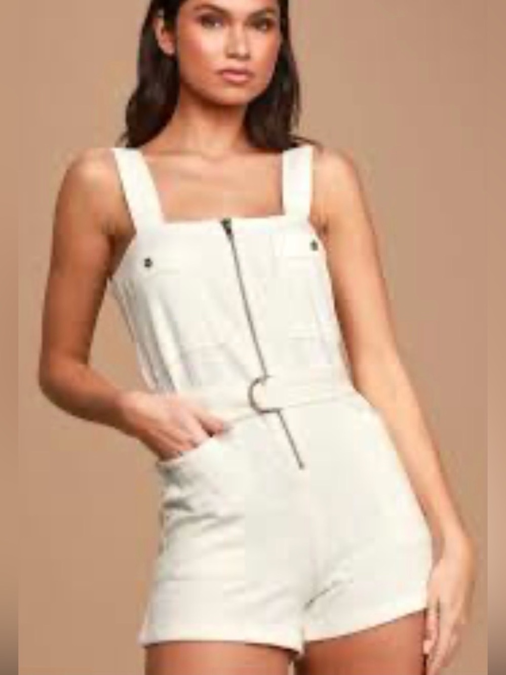 Billabong Cream Zip-Front Short Overalls